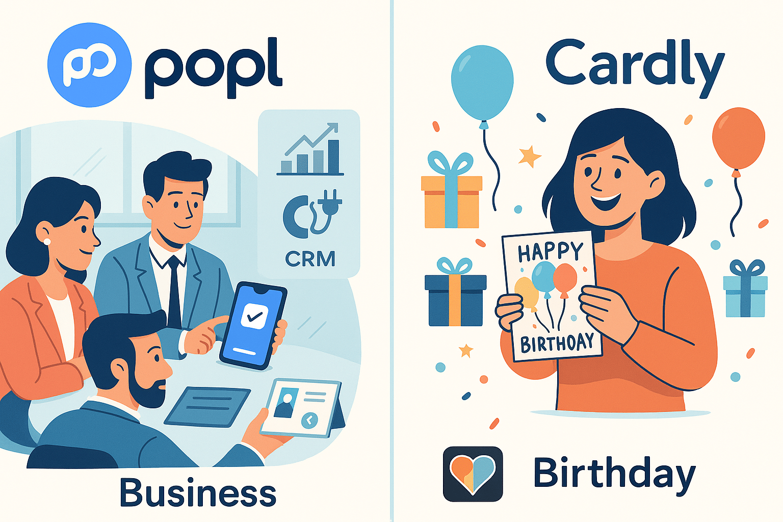 Popl team discussing analytics at a meeting; Cardly supporting artists by showing artist avatars and card illustrations being selected in a “shop by artist” style interface.