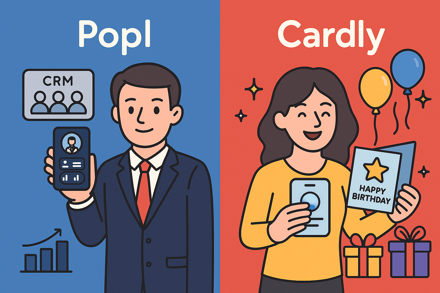 Two illustrated characters side by side—one dressed for business (Popl) holding a digital card with CRM icons; the other surrounded by balloons, gifts, and a birthday card (Cardly)
