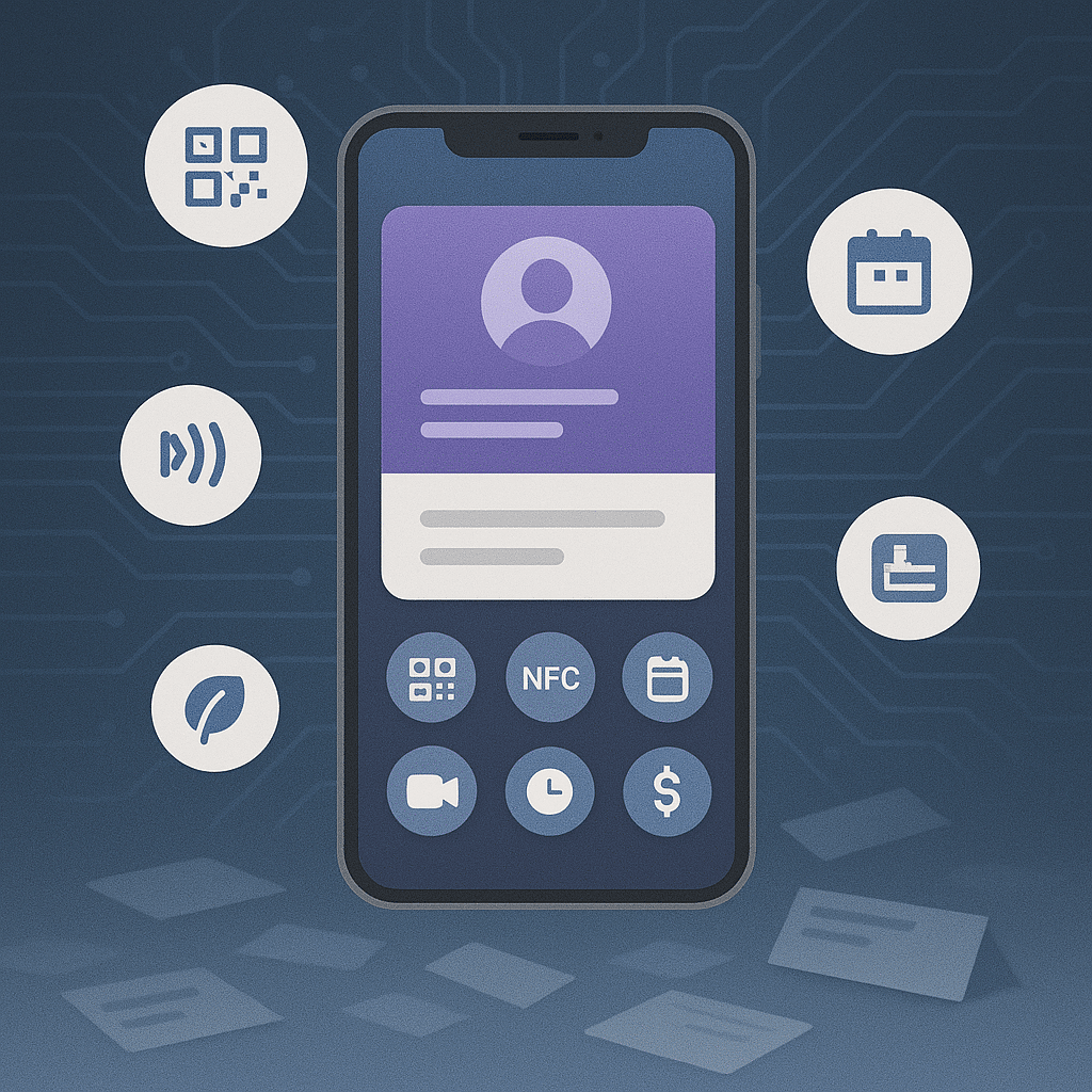A split-screen image:  Left side shows a professional tapping an NFC Popl tag on a phone.  Right side shows another scanning a paper business card into the CamCard app with OCR highlights.