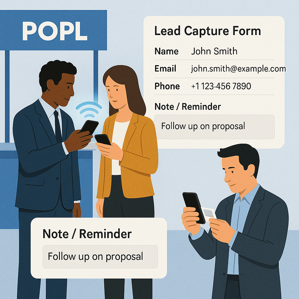 A business event scene:  Popl user tapping phone to share and a dynamic form auto-filling lead info.  CamCard user scanning a card but manually adding a note/reminder.