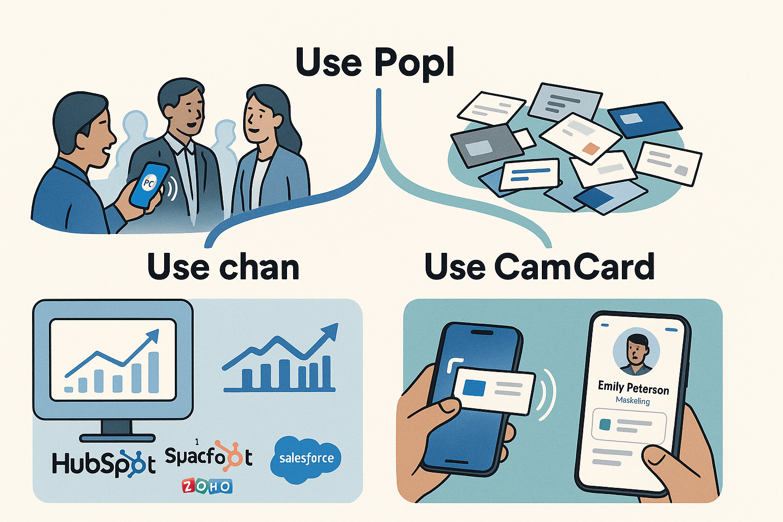 Two paths splitting from a decision point:  “Use Popl” path with images of networking events, sales charts, CRM logos.  “Use CamCard” path with desk full of paper cards, scan animation, and simple user profile