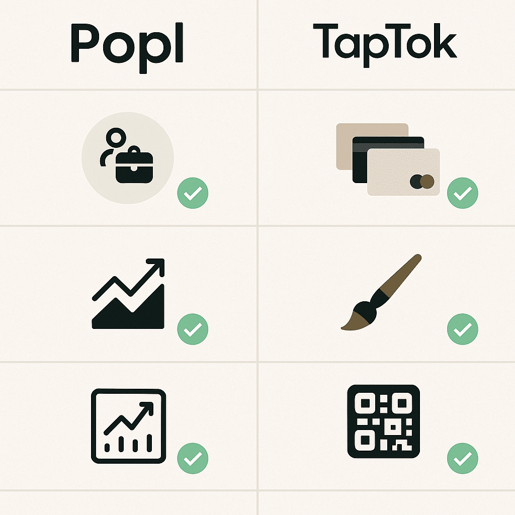 Left side labeled “Popl” with CRM, NFC, analytics icons  Right side labeled “TapTok” with card materials, branding brush, QR icon
Design in infographic style with checkmarks and feature icons