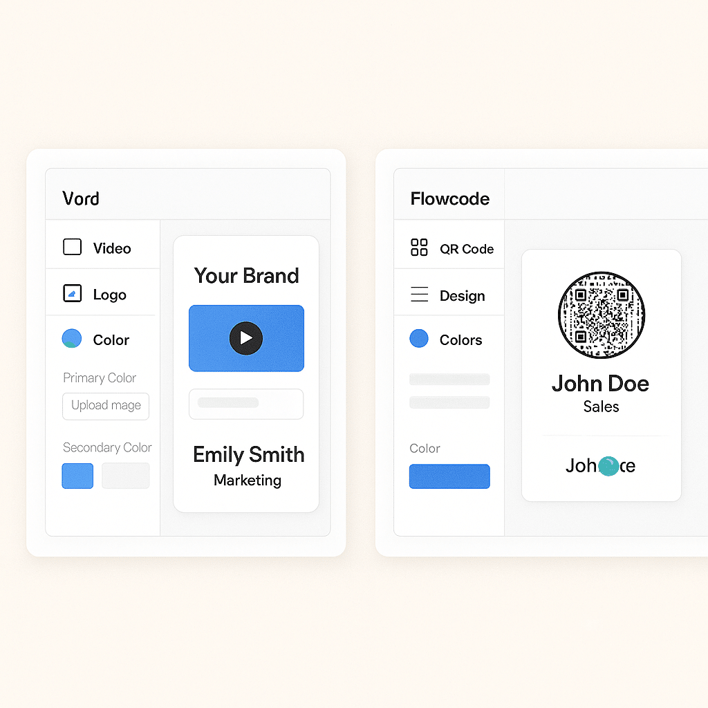 ChatGPT Image Jul 14, 2025, 08_07_10 PM Side-by-side card design interfaces:Popl’s UI with branding tools, video embedding, logo and color options.Flowcode showing QR customization, simple layout, and color picker.Visual hierarchy shows Popl’s richer editing tools.