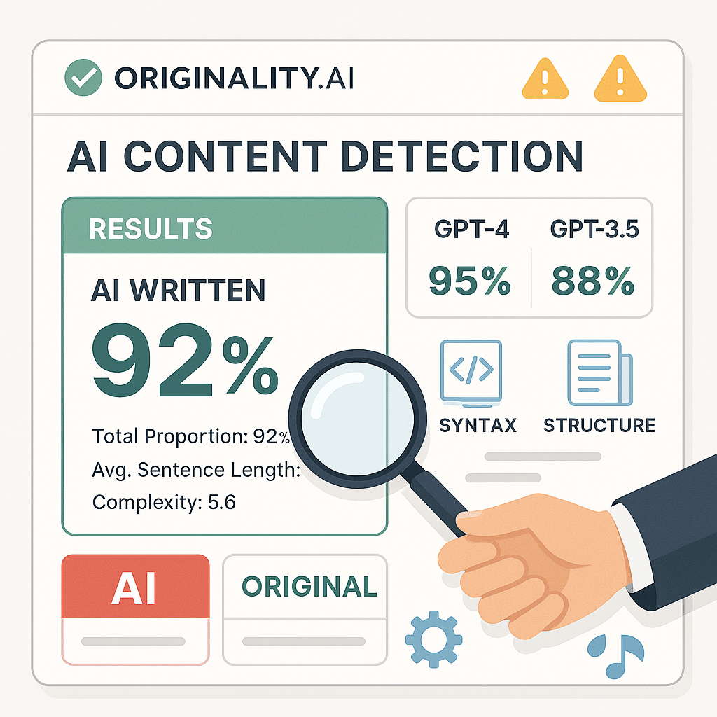 A dashboard mockup of Originality AI showing results: “92% AI written” with side-by-side results from GPT-4, GPT-3.5. A magnifying glass hovers over key metrics. Background includes a checkmark and caution symbol to show strengths and limitations.
