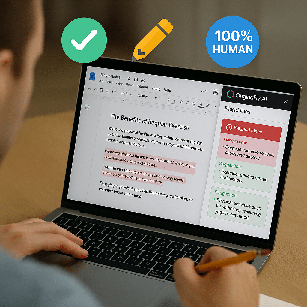 A writer revising a blog article, while Originality AI flags certain lines and offers suggestions. Icons like a checkmark, pencil, and "100% human" badge appear above the screen.