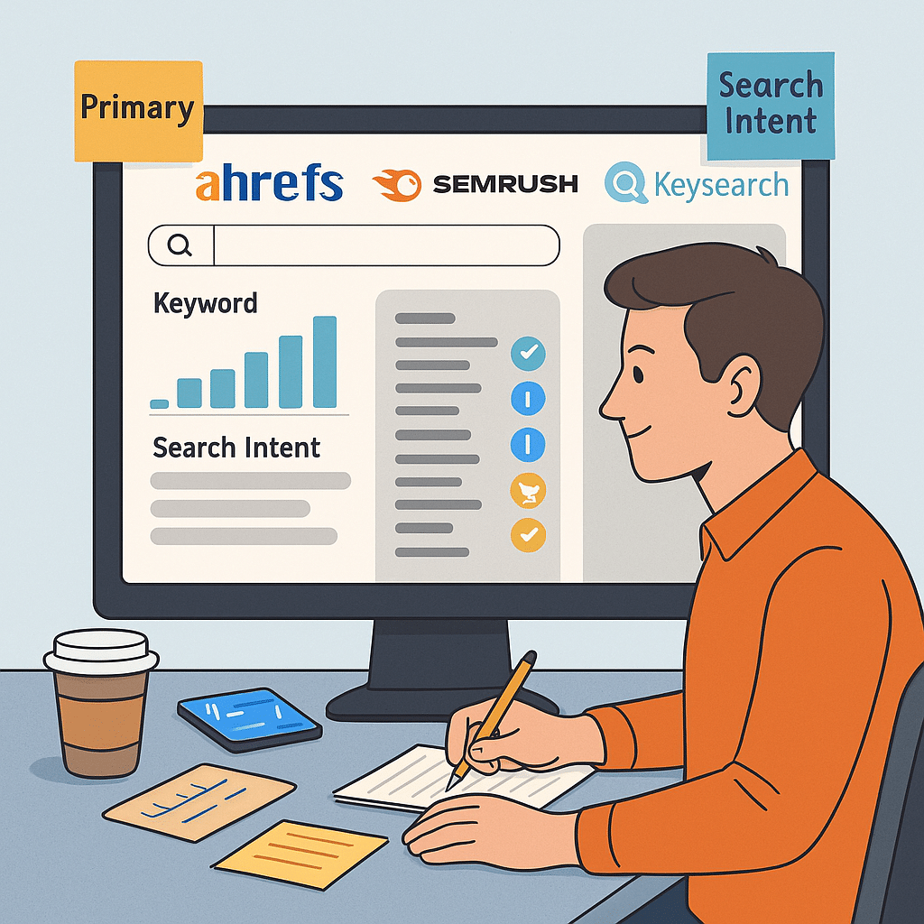 flat-style digital illustration of an SEO expert using keyword research tools like Ahrefs, Semrush, and Keysearch on a large computer screen. The screen shows search volume graphs, keyword lists, and intent labels. Sticky notes label "Primary", "Secondary", "Search Intent"
