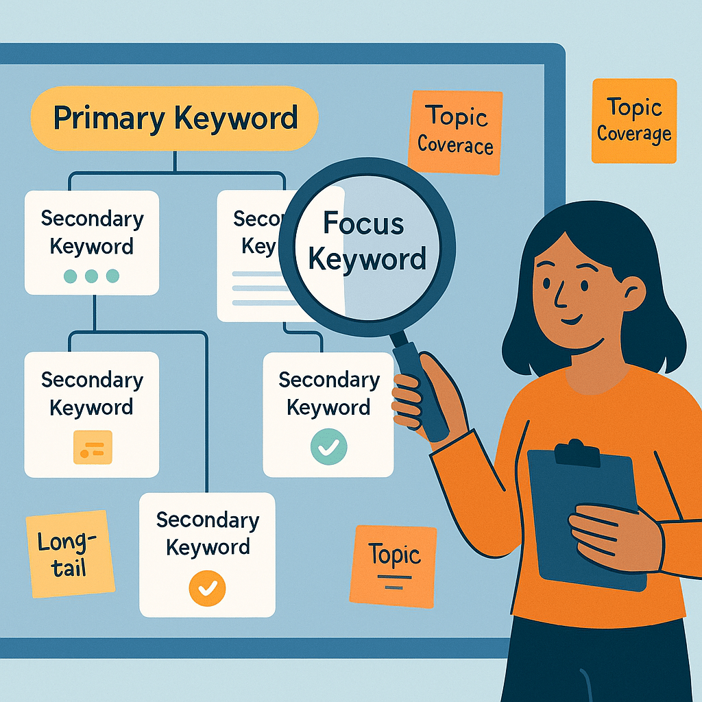 An organized content planner or editorial board displaying one primary keyword and a few secondary keywords branching from it. Icons represent long-tail keywords, relevance, and topic coverage. A content strategist highlights a “focus keyword” with a magnifying glass.