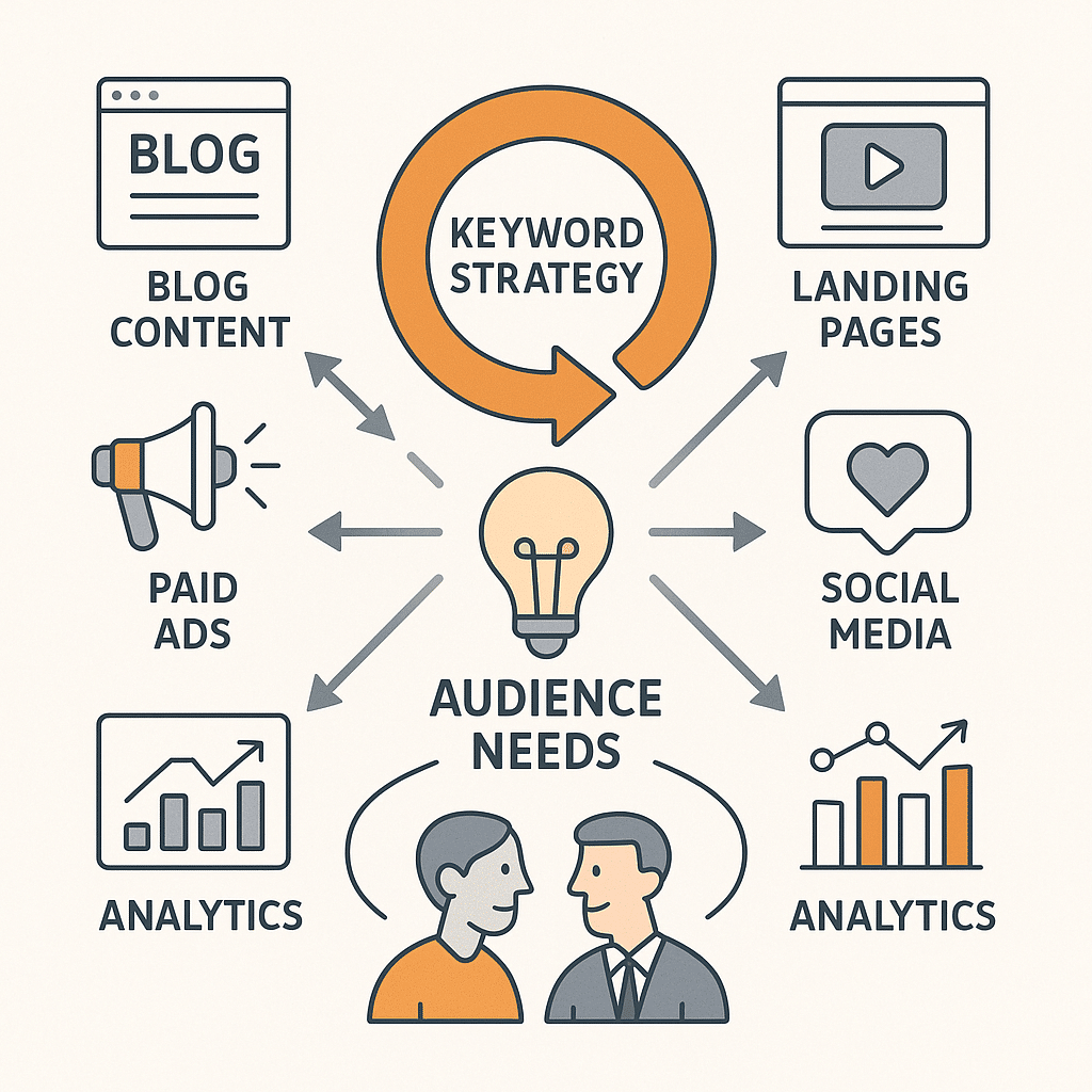 A circular flowchart connecting “Keyword Strategy” with blog content, paid ads, landing pages, social media, and analytics. Icons for each marketing channel with arrows connecting to “Audience Needs” in the center.