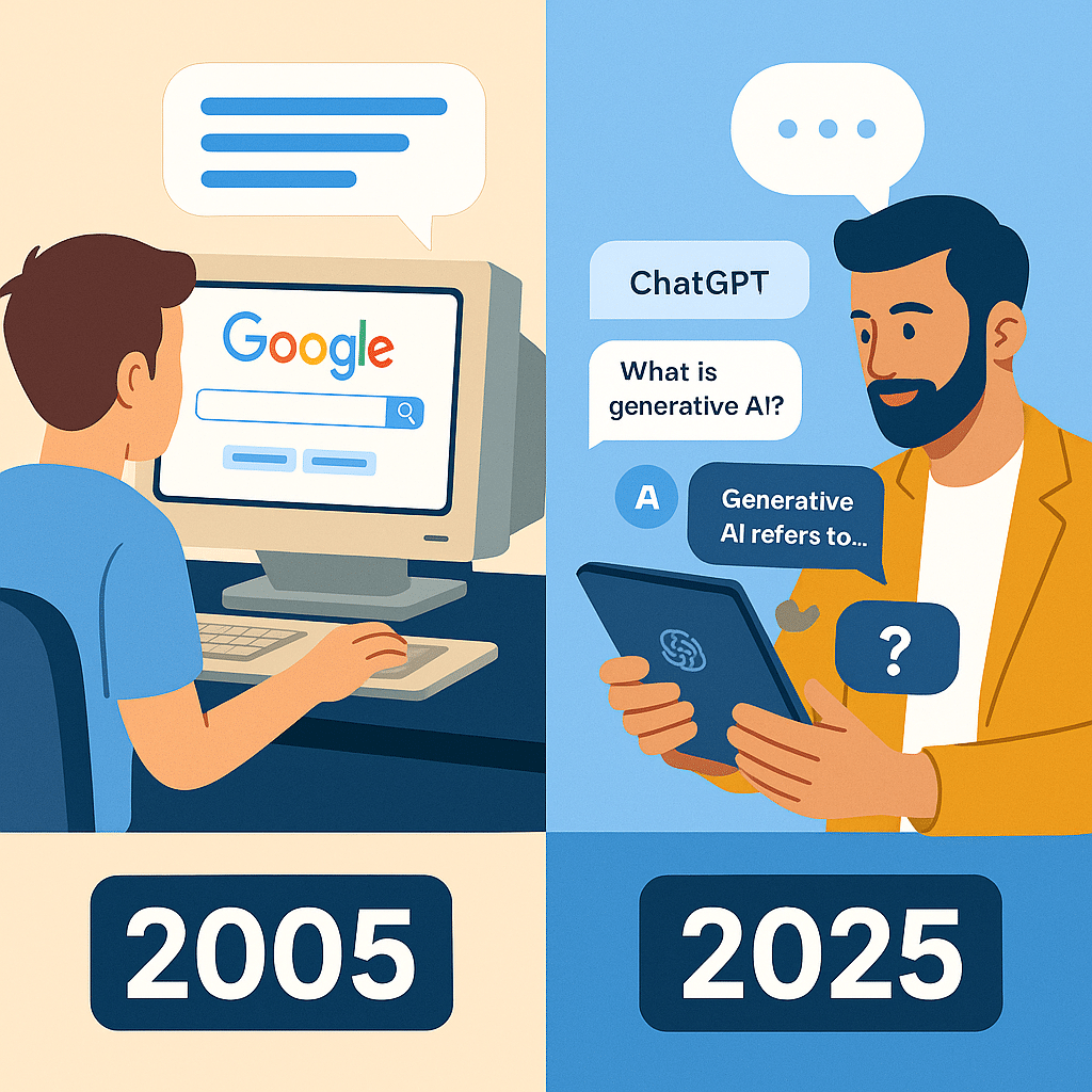 A split-screen showing a user in 2005 typing into Google with blue links on a CRT monitor, contrasted with a modern user in 2025 speaking to an AI assistant or ChatGPT 