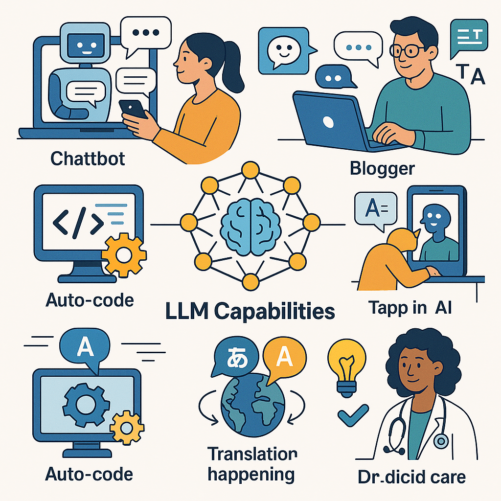 A grid of icons or small vignettes: chatbot helping a customer, AI writing a blog post, auto-code being generated, translation happening in real time, a doctor using AI suggestions—all connected by LLM neurons
