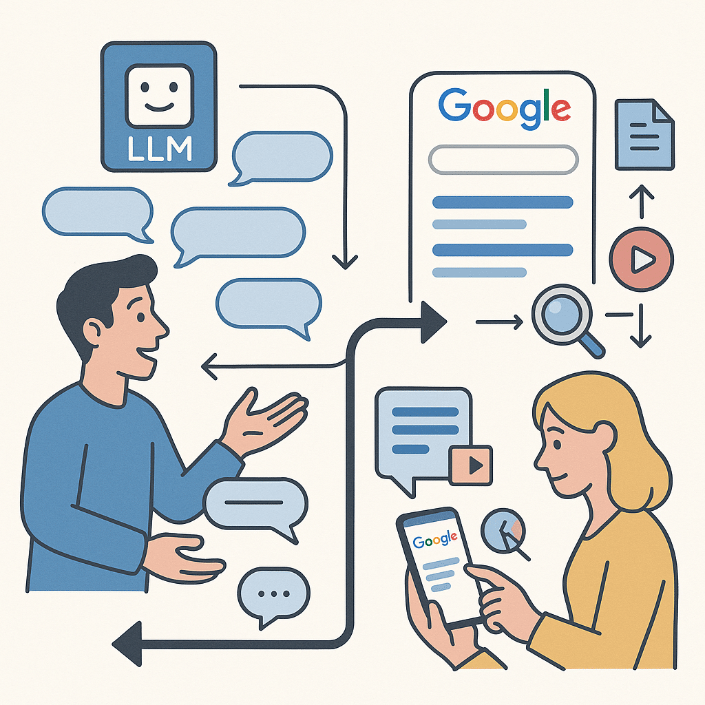 A user having a back-and-forth chat with an LLM on one side (conversation bubbles), and another user typing into Google and scanning results (links and tab switching). Arrows show loop vs one-way flow