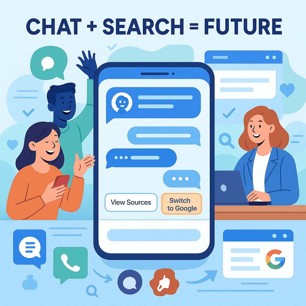 A blended interface showing an AI chatbot with buttons to “View Sources” or “Switch to Google,” representing hybrid use. Title reads: “Chat + Search = Future.” Background shows users happily navigating both.