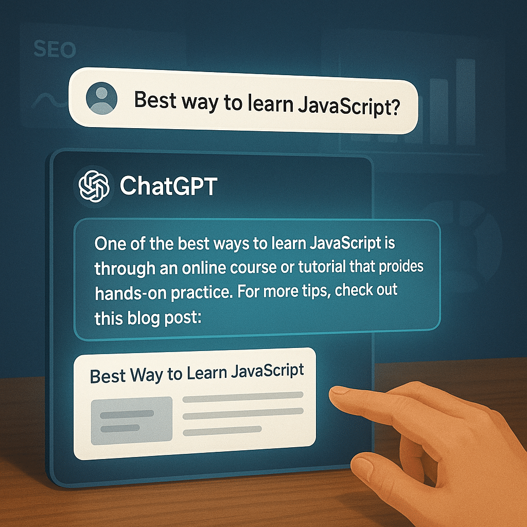 A user asking ChatGPT “Best way to learn JavaScript?” with ChatGPT generating an answer—highlighting a blog post on screen. In the background, SEO charts blur out, while AI answers glow in focus