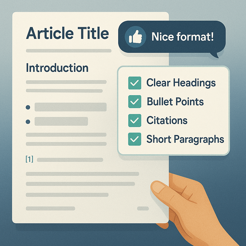 A checklist hovering next to a polished article: clear headings, bullet points, citations, short paragraphs. A thumbs-up icon from a ChatGPT bubble saying “Nice format!”
