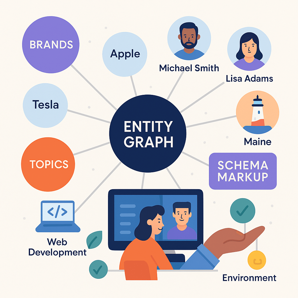 A 3D web of interconnected entities and labels (brands, people, topics), visually showing relationships between concepts via schema markup