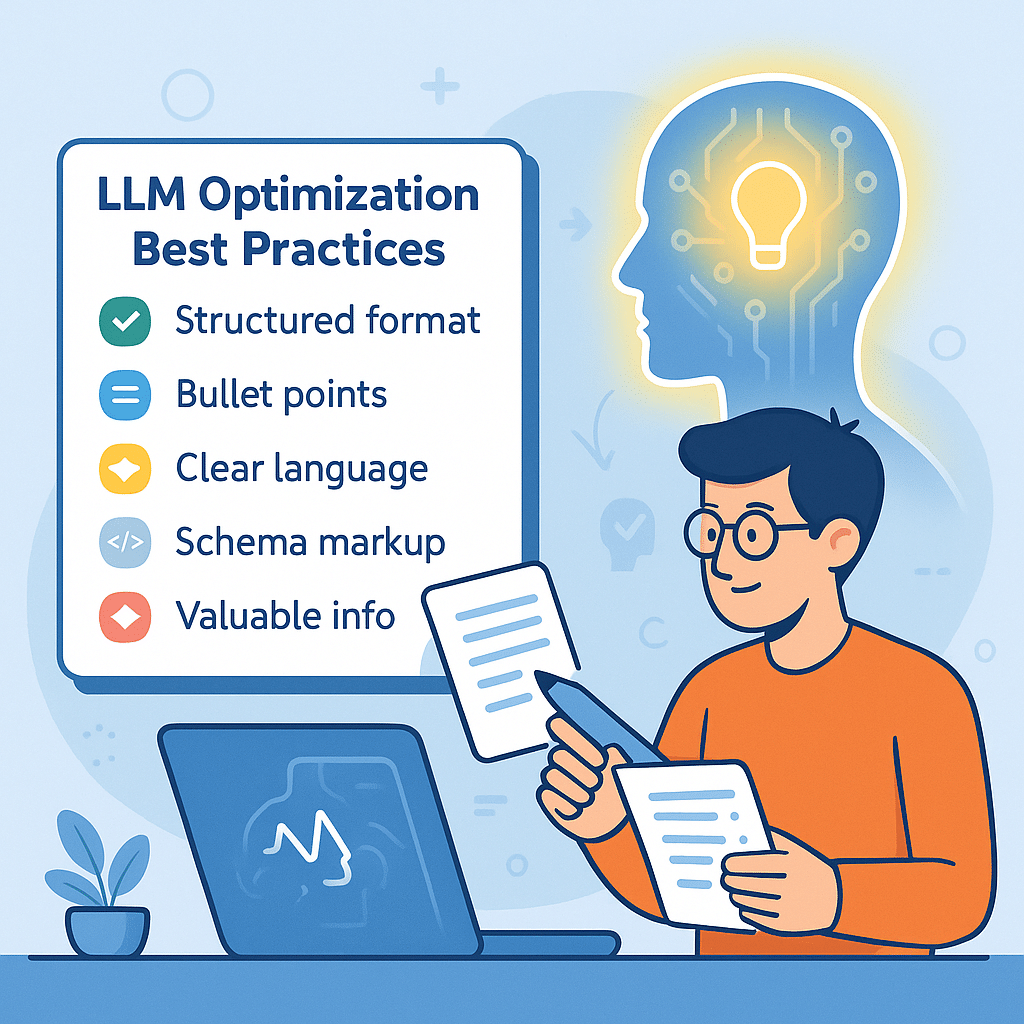 A visual checklist of best practices: structured format, bullet points, clear language, schema markup, and valuable info. A writer shaping content to fit into a glowing AI model silhouette
