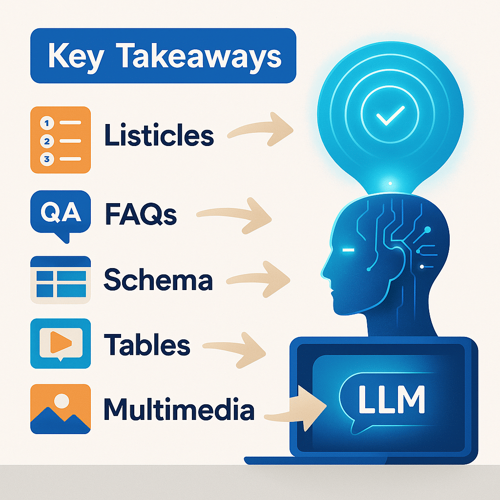 An infographic-style layout summarizing the article’s key takeaways: listicles, FAQs, schema, tables, multimedia. Each tip is shown flowing into an LLM’s glowing output bubble.
] make in a square format