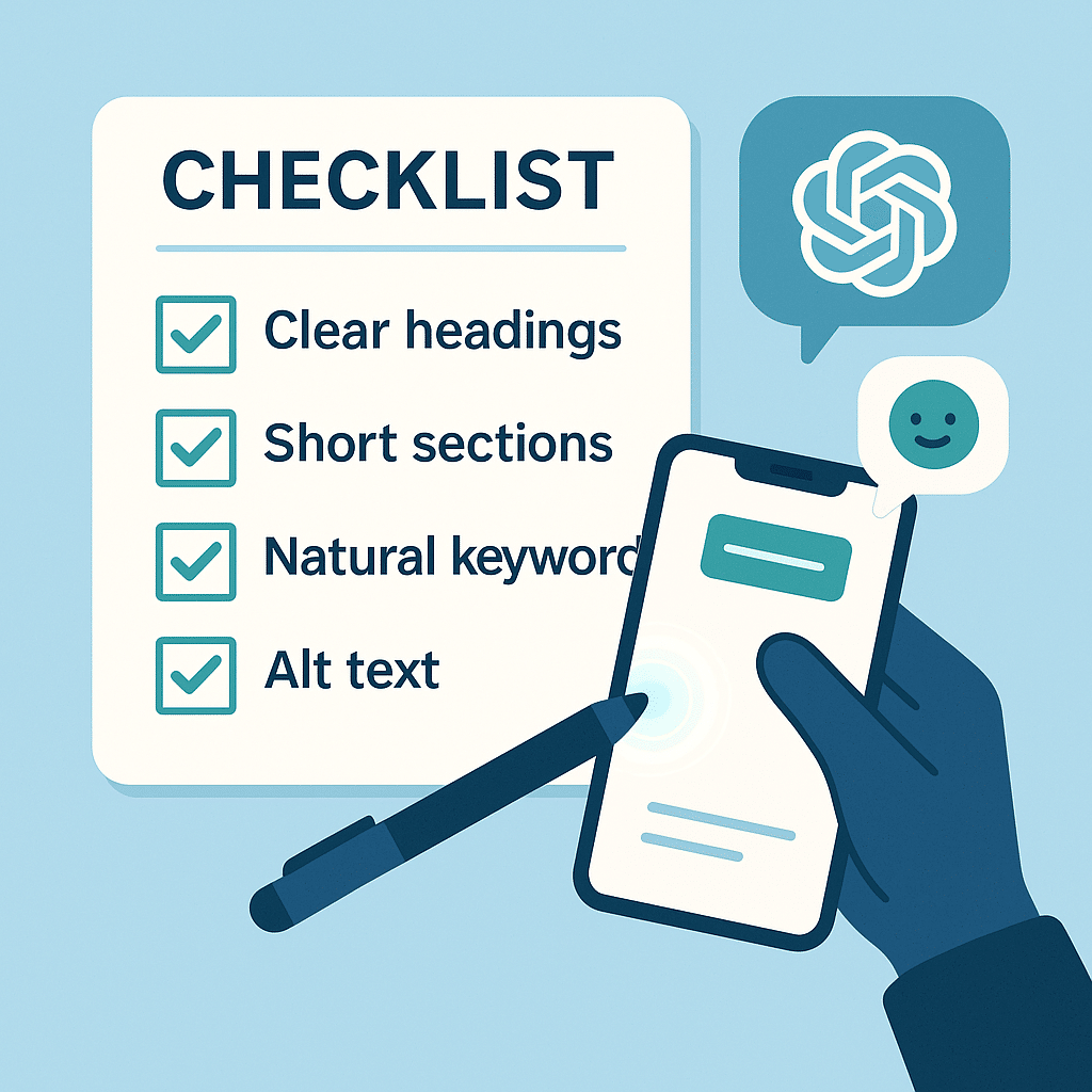 A checklist infographic with items like “Clear headings,” “Short sections,” “Natural keywords,” and “Alt text,” being reviewed by an AI assistant