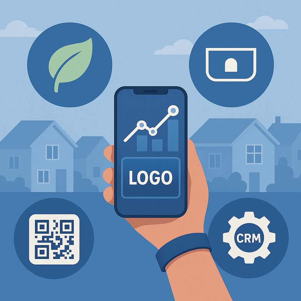 ChatGPT Image Jul 3, 2025, 01_05_41 PM con (leaf), analytics chart, QR code, brand logo, CRM gear icon. Realtor theme with houses in the background