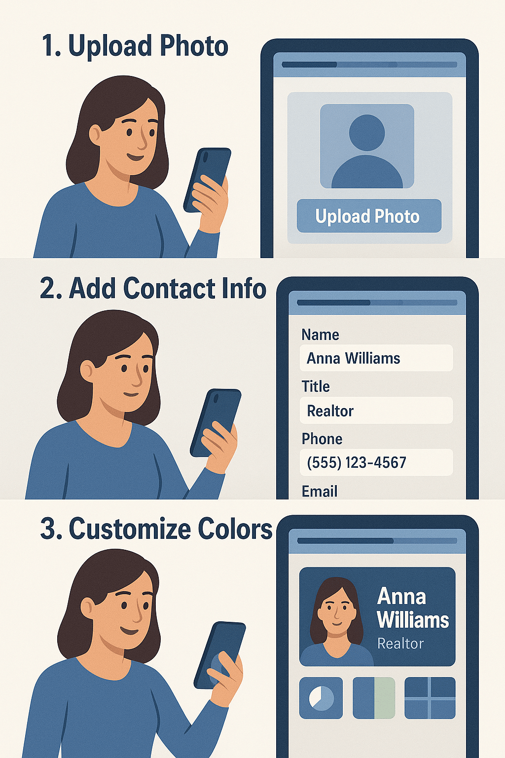 ChatGPT Image Jul 3, 2025, 01_13_03 PM Step-by-step layout with a realtor building a card: uploading photo, adding contact info, customizing colors. Include progress bar and friendly UX style on screen