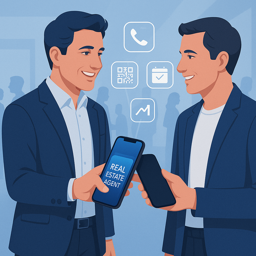 ChatGPT Image Jul 3, 2025, 12_59_00 PM real estate agent at a networking event tapping phones with a client. Overlay icons: QR code, phone, calendar, analytics chart. Emphasis on simplicity, real-time sharing, and professionalism