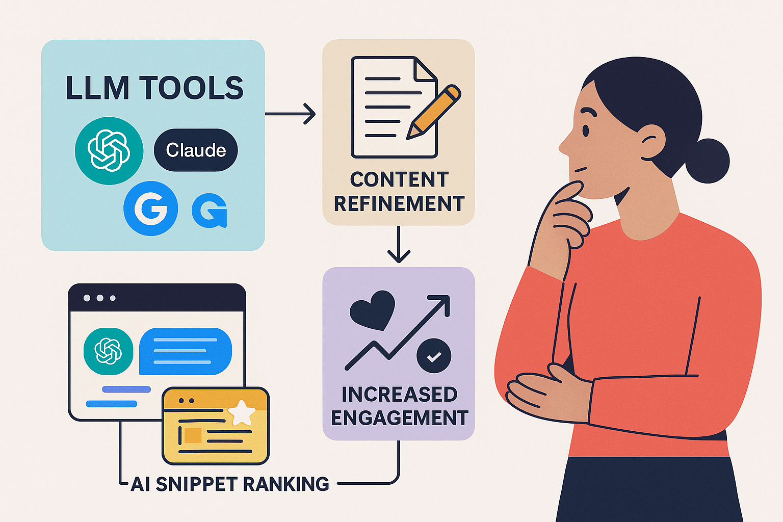 Flowchart connecting “LLM Tools” → “Content Refinement” → “Increased Engagement” → “AI Snippet Ranking” with iconography representing AI platforms and blogs.