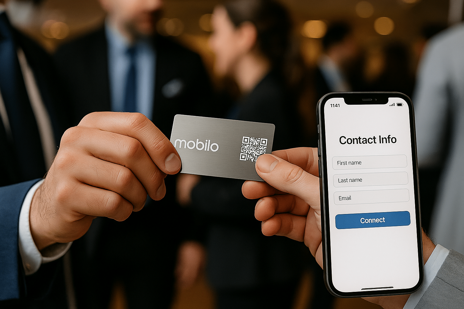 ChatGPT Image Jul 5, 2025, 06_51_22 PM Two hands exchanging a metal Mobilo card in a formal networking event