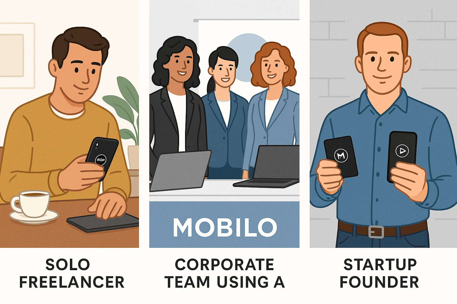 ChatGPT Image Jul 5, 2025, 07_16_18 PM Three mini-scenes: Solo freelancer with a Popl tag on phone at a coffee shop. Corporate team using Mobilo metal cards at a conference booth. Startup founder with both tools in-hand—Popl tag and Mobilo card.