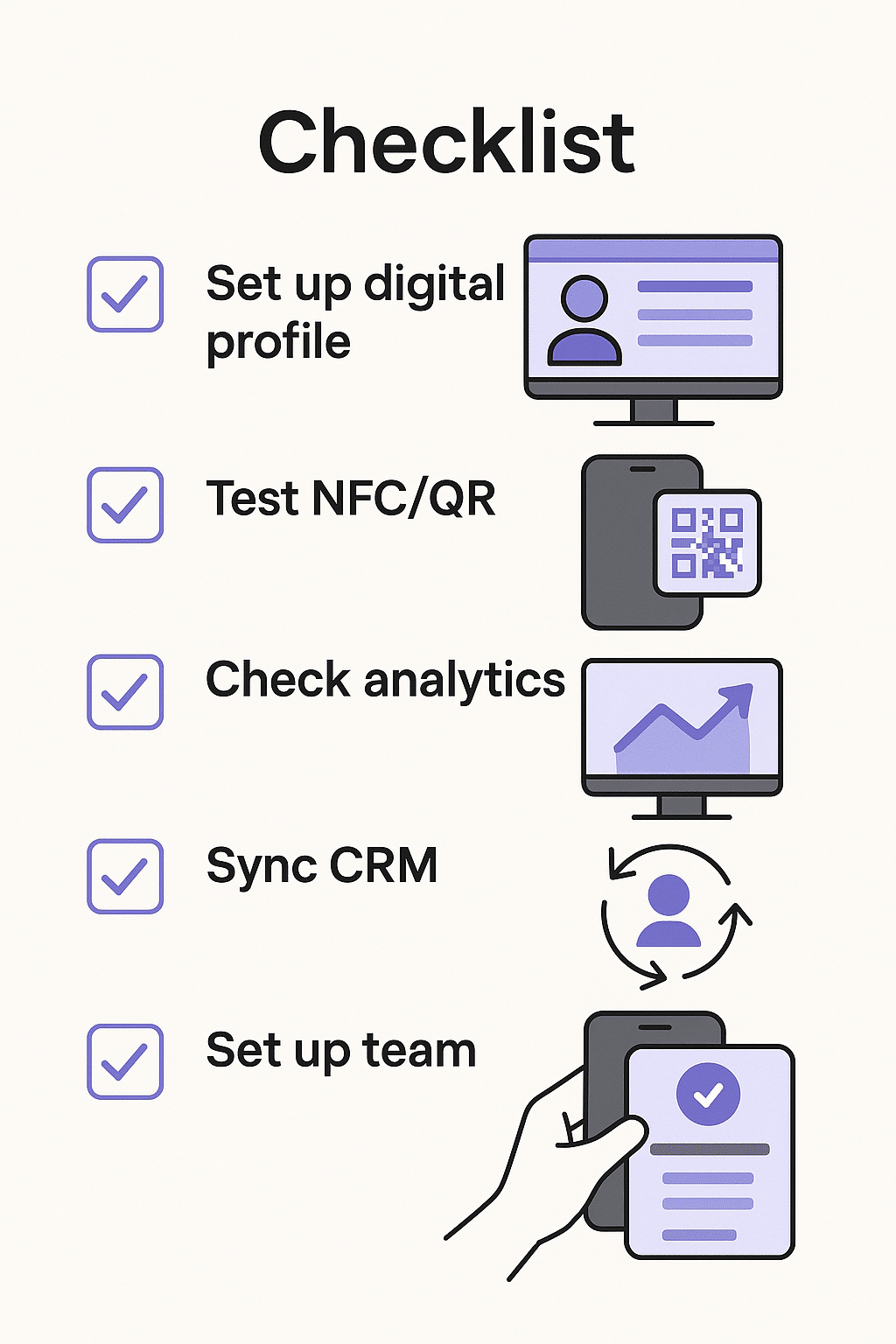 ChatGPT Image Jul 5, 2025, 07_20_49 PM A checklist-style visual showing a digital profile setup, NFC/QR testing, analytics dashboard, CRM syncing, and team setup icons