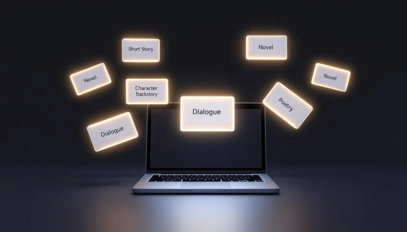 grid-style infographic showing outputs: short story, novel, character backstory, dialogue, poetry—each represented by a small glowing card floating around a laptop screen