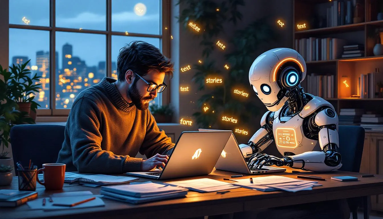 AI story bot [writer and AI bot sitting side by side at a desk, both typing, surrounded by glowing floating stories]