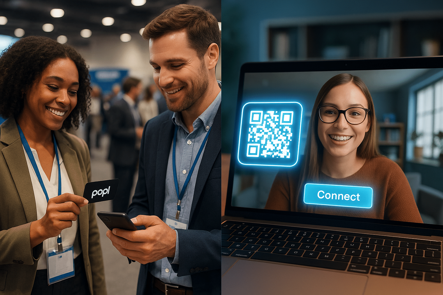 ChatGPT Image Aug 11, 2025, 06_13_15 PM Split-screen — left side shows two people at a conference tapping a Popl card; right side shows a Zoom call with a QR code in the virtual background and a “Connect” button.