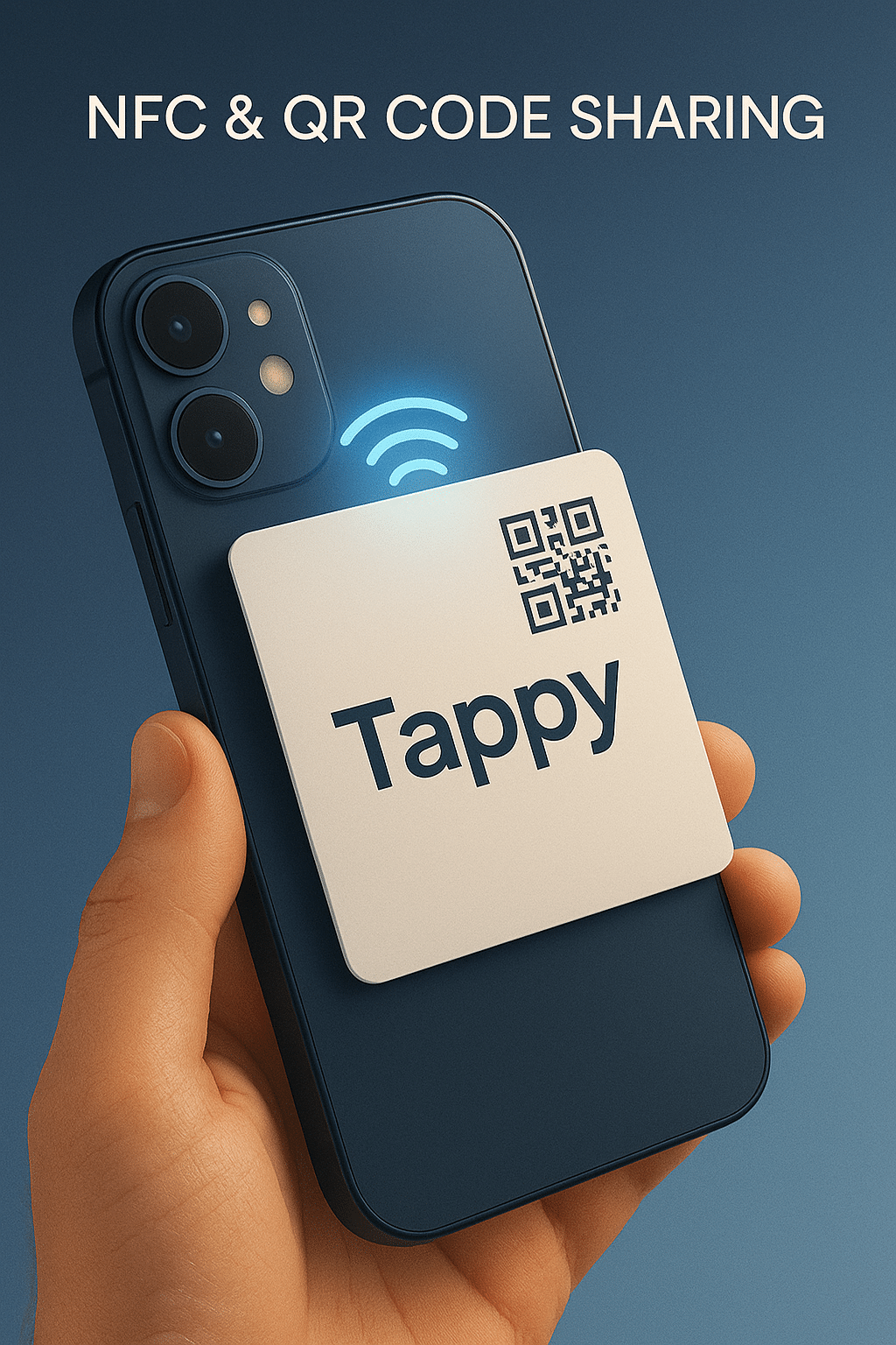 ChatGPT Image Aug 11, 2025, 06_40_52 PM NFC & QR Code Sharing: Close-up of a Tappy Card being tapped against a phone, with glowing NFC waves and a floating QR code. Custom Profile Hub: A digital profile interface showing social icons, bio, and contact info, floating above the card. Metal & Premium Material Options: Two Tappy Cards—one sleek metal, one high-quality PVC—resting on a modern desk with premium lighting. Eco-Friendly Networking: A Tappy Card surrounded by lush green leaves and recycled paper symbols, signifying sustainability.