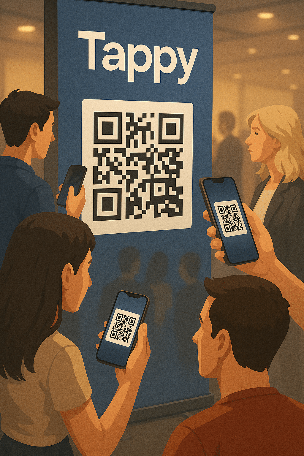 ChatGPT Image Aug 11, 2025, 06_51_48 PM A Tappy Card with its QR code prominently displayed on an event banner and on a smartphone screen, with attendees scanning it.