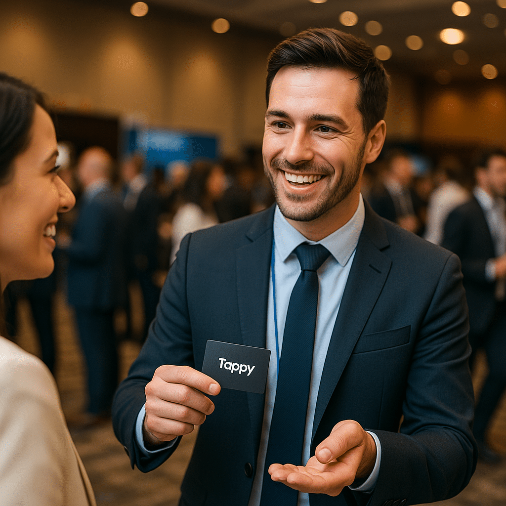 ChatGPT Image Aug 11, 2025, 07_00_51 PM A lively conference scene with a professional confidently handing over a Tappy Card while engaging in conversation, people networking in the background.