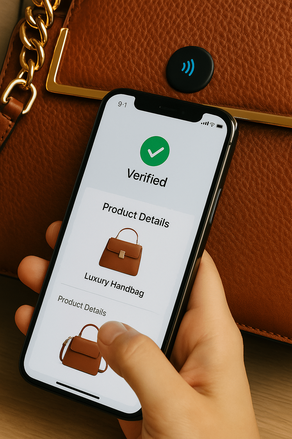 A luxury handbag with an NFC tag being scanned by a phone, showing a verification checkmark and product details on screen.
