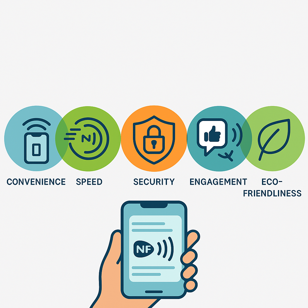 Infographic with five icons — convenience, speed, security, engagement, eco-friendliness — each illustrated with small NFC-inspired graphics.