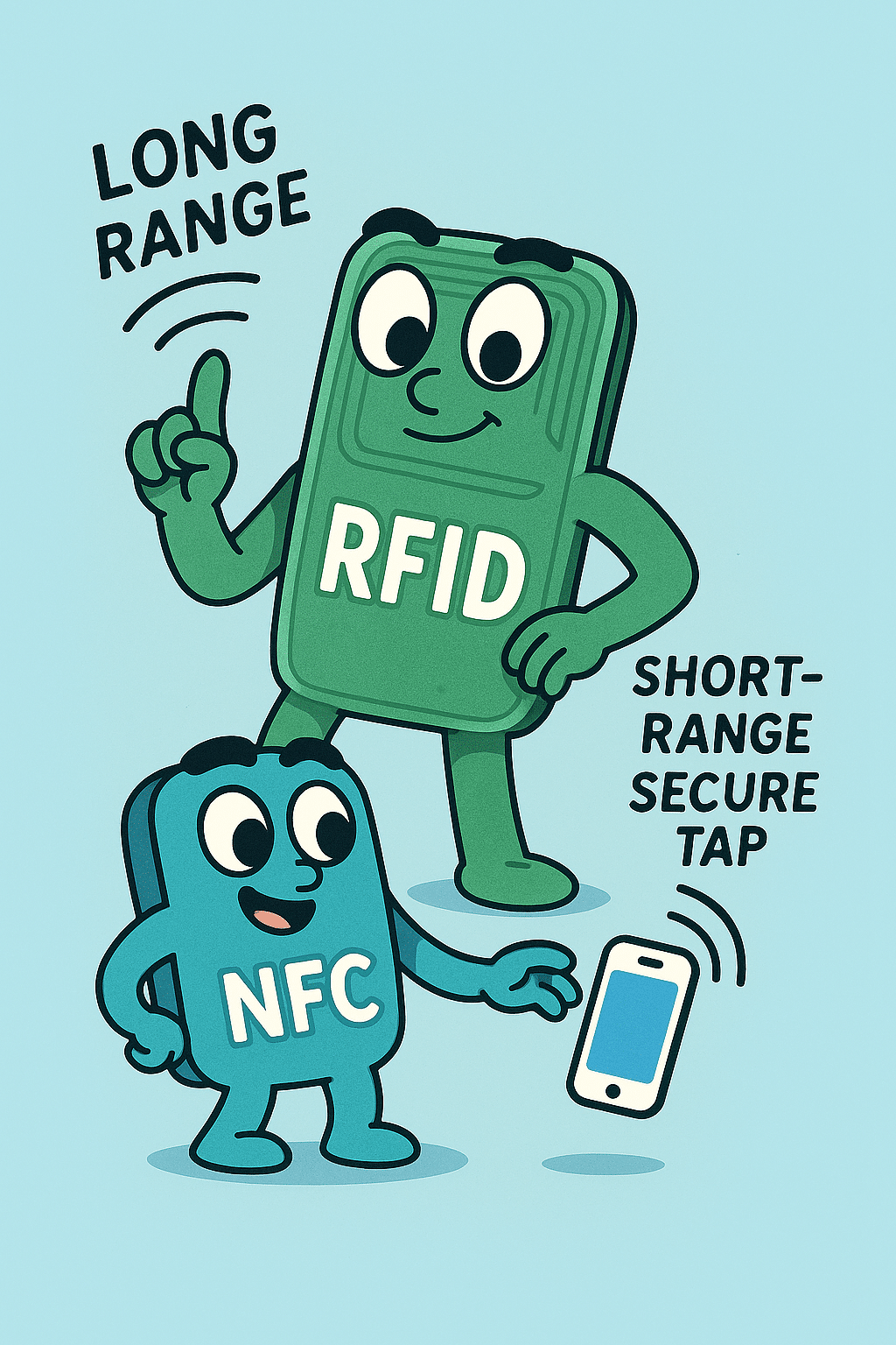 Two characters personified as ‘RFID’ (older sibling) and ‘NFC’ (younger sibling) in a playful tech comic style, showing RFID’s long-range signal and NFC’s short-range secure tap.