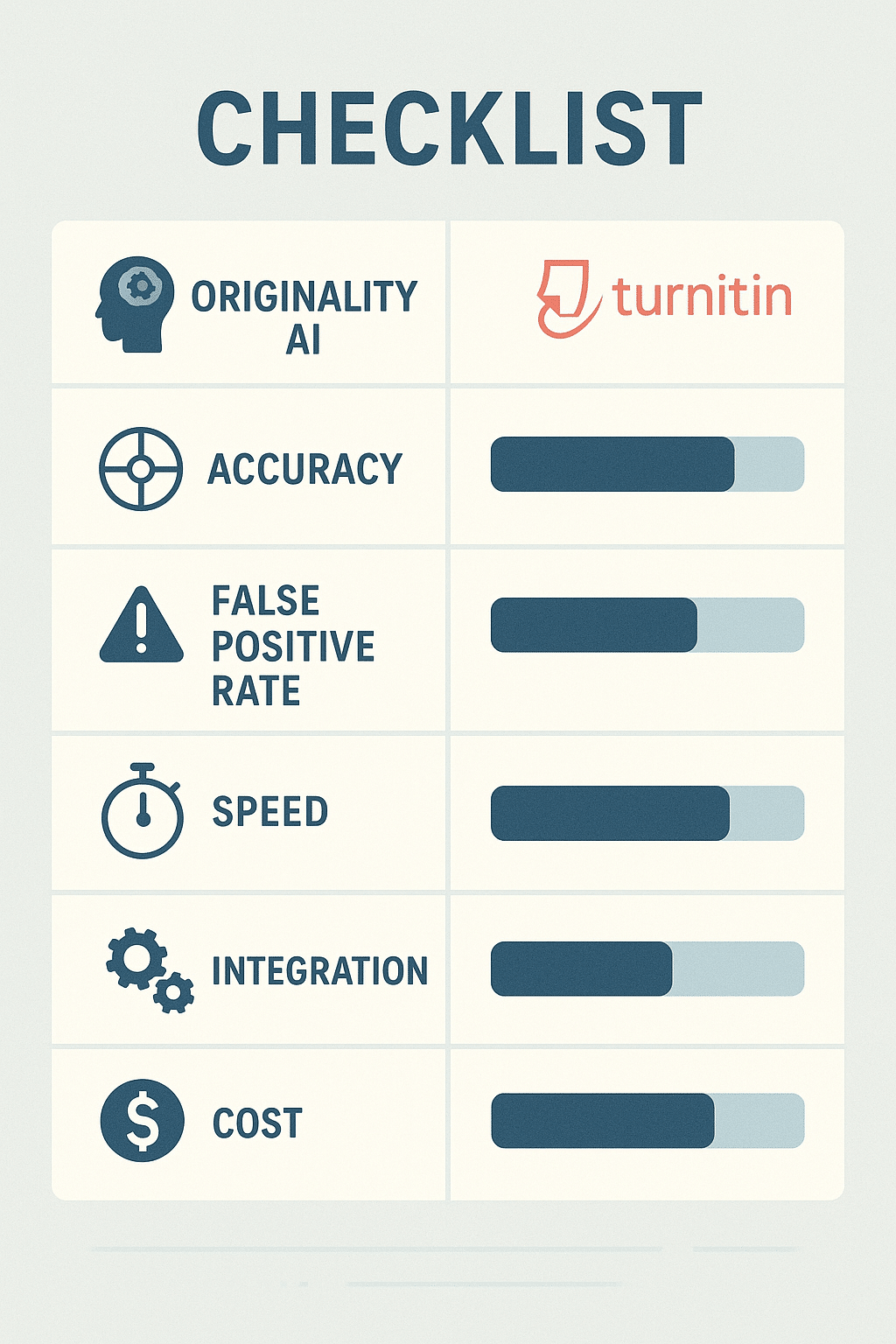 ChatGPT Image Aug 12, 2025, 08_35_03 PM Checklist graphic showing: Accuracy, False Positive Rate, Speed, Integration, Cost — each with icons and progress bars for Originality AI and Turnitin