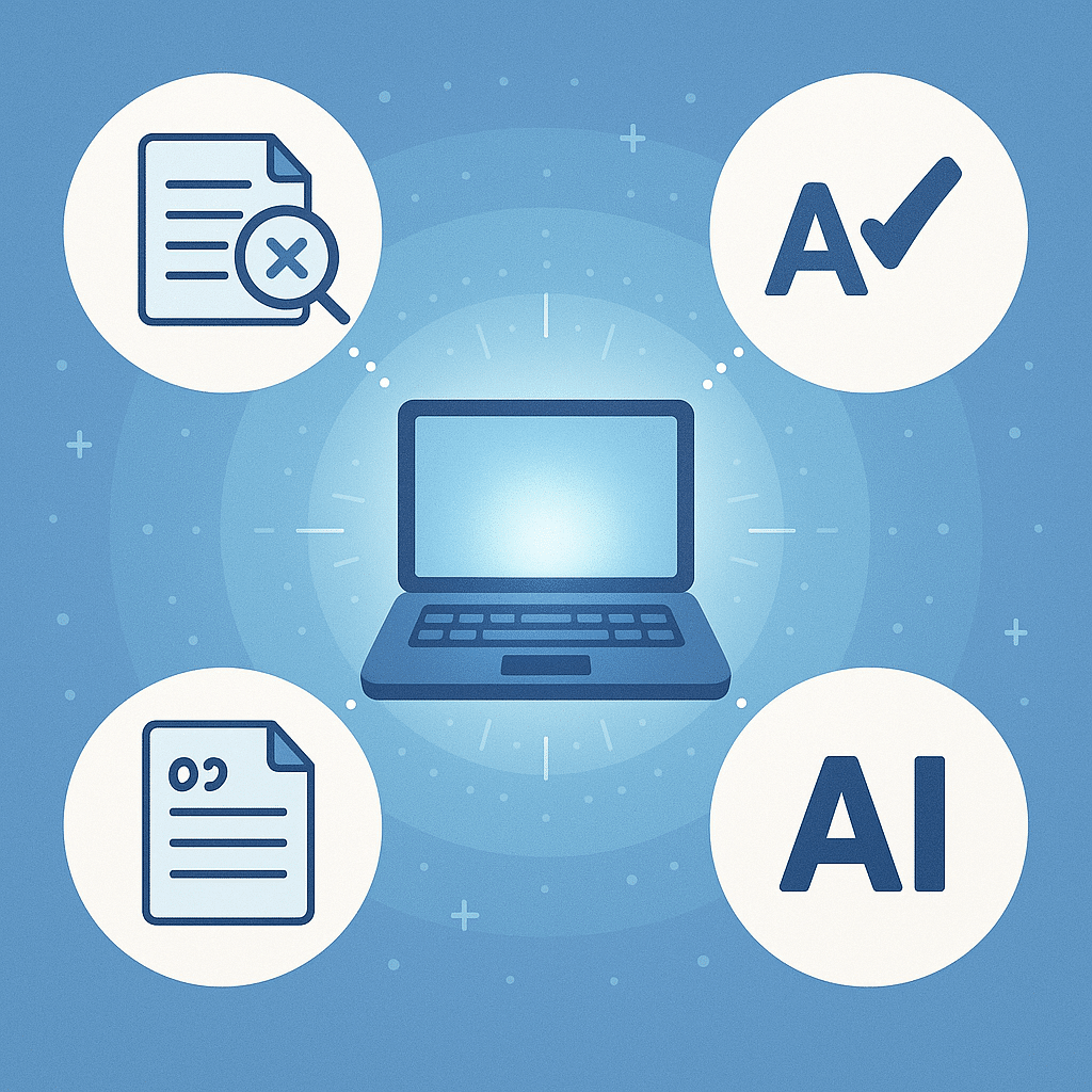 ChatGPT Image Aug 12, 2025, 10_15_22 PM Stylized infographic-style illustration of feature icons — plagiarism detection, grammar check, citation suggestions, AI detection — arranged around a glowing central laptop