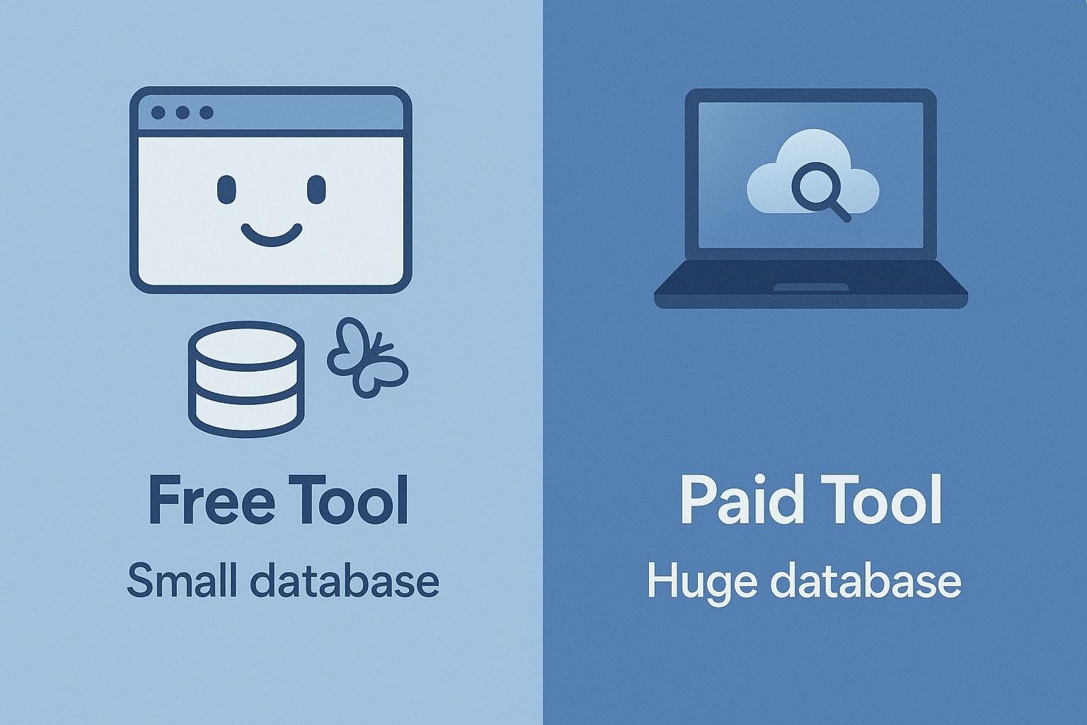 ChatGPT Image Aug 12, 2025, 10_33_44 PM Two contrasting panels — left side a cheerful free tool with small database (cute icons, casual style), right side a robust paid tool with huge database (sleek, powerful interface)."