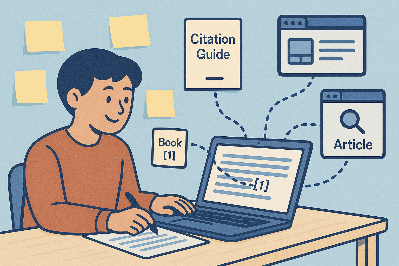 ChatGPT Image Aug 12, 2025, 10_41_45 PM Lighthearted scene of a writer with sticky notes, citation guides, and open tabs — dotted lines showing connection between sources and proper citations in the document.