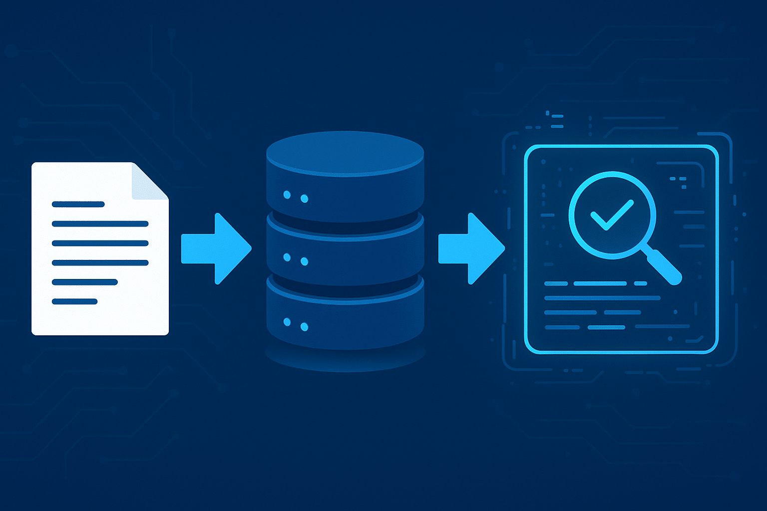 ChatGPT Image Aug 13, 2025, 07_55_15 PM Stylized step-by-step visual — document broken into small text chunks → arrows leading to massive database servers → algorithms scanning and highlighting matches — futuristic tech interface design
