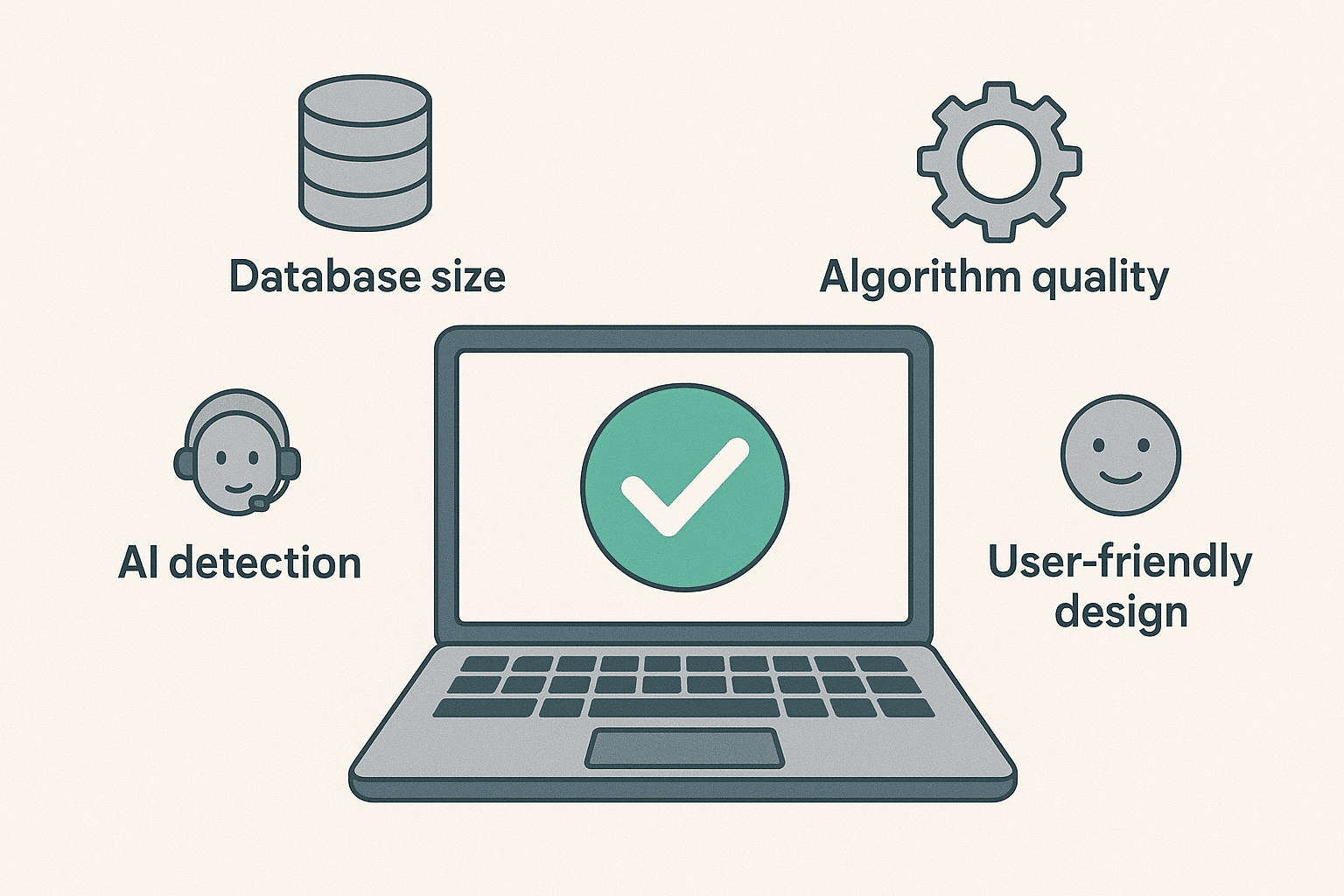 ChatGPT Image Aug 13, 2025, 08_39_14 PM Friendly, approachable flat illustration of a laptop with an originality checkmark, surrounded by icons for database size, algorithm quality, AI detection, and user-friendly design.