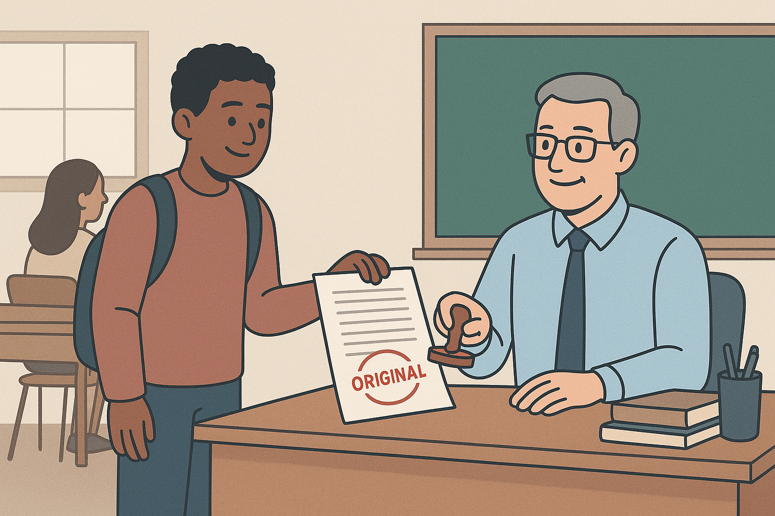 ChatGPT Image Aug 13, 2025, 08_52_10 PM University classroom scene — student handing in a paper with proper citations, professor smiling and stamping ‘Original’ on it.