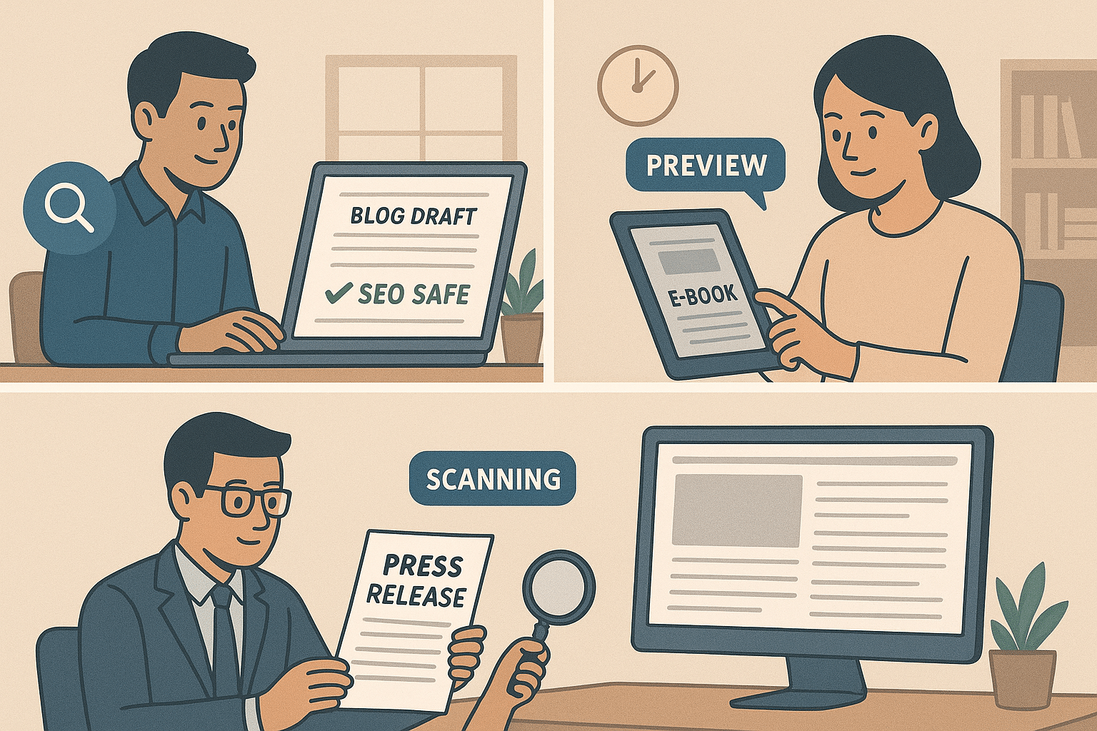 ChatGPT Image Aug 13, 2025, 08_53_29 PM Collage of three scenes: marketer checking a blog draft for SEO safety, author reviewing an e-book before publishing, PR team scanning a press release — clean, business-professional vibe.
