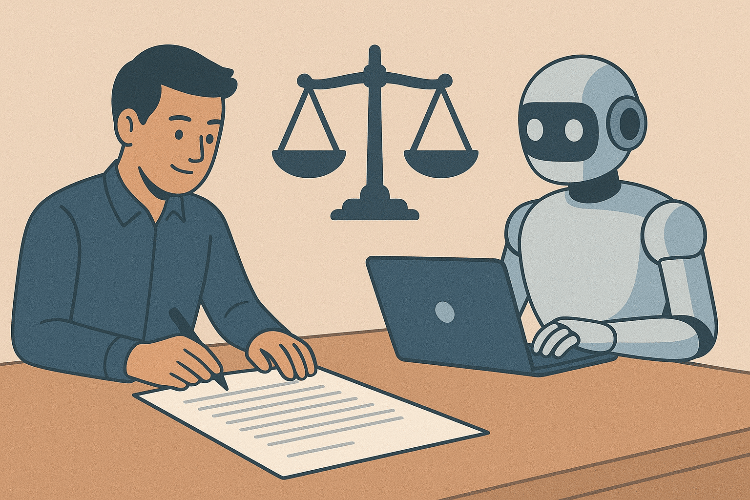 ChatGPT Image Aug 13, 2025, 09_02_31 PM Balanced scene with human writer on one side, AI assistant on the other — both contributing to a shared document, with a scale icon representing ethical balance.