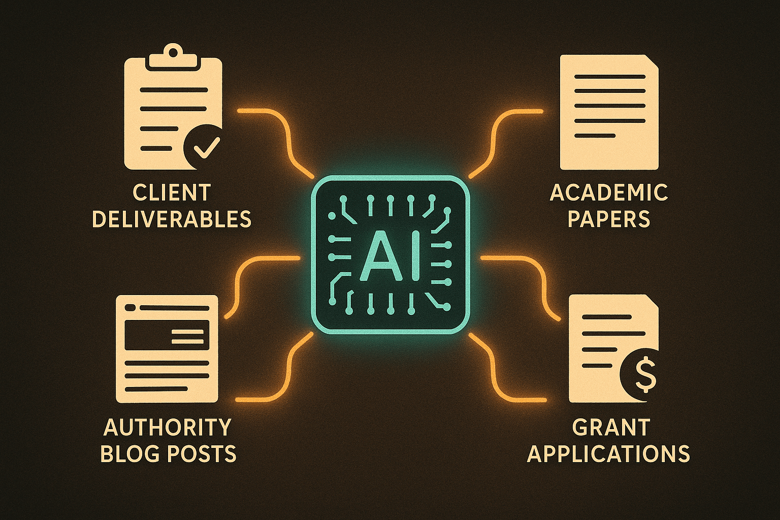 ChatGPT Image Aug 13, 2025, 10_06_54 PM Icons for client deliverables, academic papers, authority blog posts, and grant applications floating around a central AI scanner, connected by glowing lines.