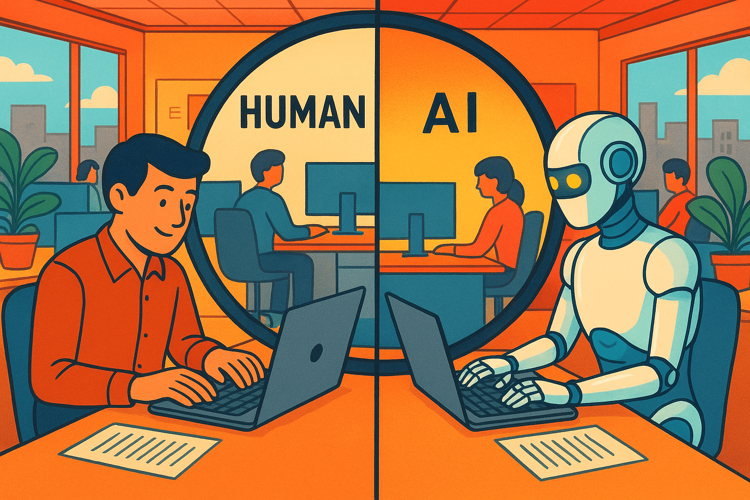 ChatGPT Image Aug 14, 2025, 05_19_08 PM A busy office with a human writer typing on one side and a glowing AI robot writing identical text on the other, a giant magnifying glass splitting the scene into “Human” and “AI”