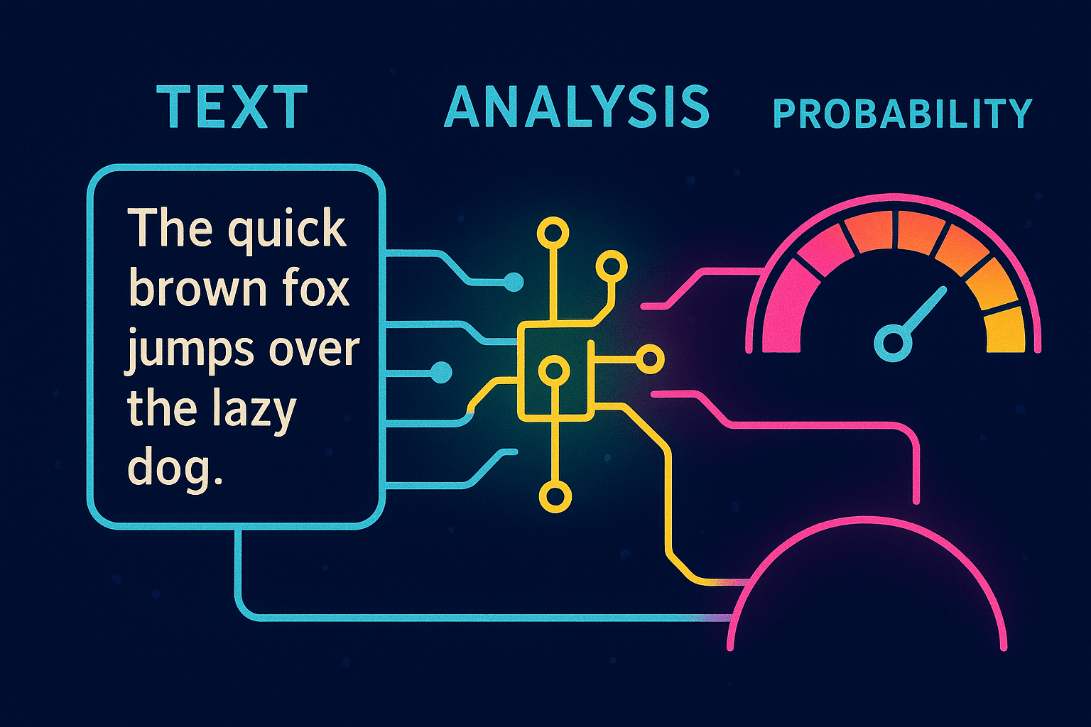 ChatGPT Image Aug 14, 2025, 05_22_29 PM Cutaway infographic-style illustration showing text being broken into grammar blocks, analyzed by glowing algorithms, and producing a probability score meter — bright neon data streams, clear and educational layout.